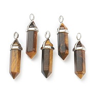 Natural Tiger Eye Pendants, with Platinum Tone Brass Findings, Bullet, 39.5x12x11.5mm, Hole: 4.5x2.8mm(G-M378-01P-A26)