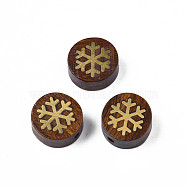 Natural Rosewood Undyed Beads, with Snowflake-Shaped Raw(Unplated) Brass Slices, Flat Round, Saddle Brown, 14x6mm, Hole: 1.8mm(WOOD-N013-021)