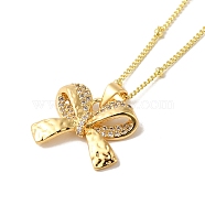Brass Micro Pave Cubic Clear Zirconia Pendants Necklaces, Curb Chain Necklaces, Real 18K Gold Plated, Bowknot, 17.40 inch(44.2cm)(NJEW-K269-01B-G)