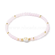 Glass Beads Stretch Bracelets, with Acrylic & Brass Beads, Flat Round with Heart Pattern, Pink, Inner Diameter: 2-1/4 inch(5.7cm)(BJEW-JB06576-01)