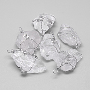 Rough Raw Natural Quartz Crystal Pendants, with Brass Findings, Nuggets, Platinum, 30~77x18~28x10~25mm, Hole: 3mm(G-Q481-105P)