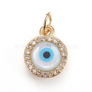 Brass Micro Pave Cubic Zirconia Charms, with Lampwork, Flat Round with Evil Eye, Golden, 11.5x9x3mm, Hole: 3mm(ZIRC-F099-12G)