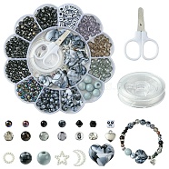 DIY Beaded Stretch Bracelet with Alloy Moon Charms Making Kits, with Scissors, Black, 8x7mm, Hole: 2mm(DIY-YW0008-87)