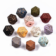 Painted Natural Wood Beads, Laser Engraved Pattern, Faceted, Polygon with Leopard Print, Mixed Color, 12x12x12mm, Hole: 2.5mm(WOOD-T021-51B-M)