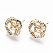 Brass Micro Pave Clear Cubic Zirconia Stud Earring Findings, for Half Drilled Bead, Nickel Free, Flower, Real 18K Gold Plated, 14x13mm, Pin: 0.7mm, Pin: 0.7mm(for Half Drilled Bead)(KK-T062-54G-NF)