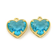 Rack Plating Brass Charms, with Glass, Long-Lasting Plated, Lead Free & Cadmium Free, Heart, Real 18K Gold Plated, Deep Sky Blue, 12x12x5.5mm, Hole: 1.2mm(KK-M290-02C-G)