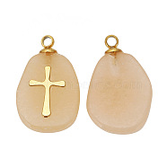 Natural Red Aventurine Pendants, Oval Charms with Golden Tone Stainless Steel Cross Slice, 17x11mm, Hole: 1.5mm(FIND-PW0015-01A-06)