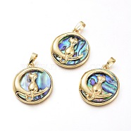 Natural Abalone Shell/Paua Shell Pendants, with Brass Findings, Flat Round with Moon & Cat Shape, Golden, 31.5x27.5x8.5mm, Hole: 4.5x7mm(BSHE-I014-02G)