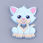 Food Grade Eco-Friendly Silicone Kitten Cabochons, Chewing Beads For Teethers, DIY Nursing Necklaces Making, Cartoon Cat, Light Blue, 90~91x64x9.5mm(SIL-T052-08D)