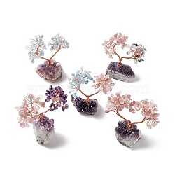 Natural Gemstone Tree Display Decoration, Druzy Amethyst Base Feng Shui Ornament for Wealth, Luck, Love, Rose Gold Brass Wires Wrapped, 40~54x82~93x106~120mm(DJEW-G027-03RG)