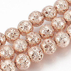 Electroplated Natural Lava Rock Beads Strands, Round, Bumpy, Rose Gold Plated, 6~7mm, Hole: 1mm, about 61pcs/strand, 15.7 inch(G-T061-55C-6mm)