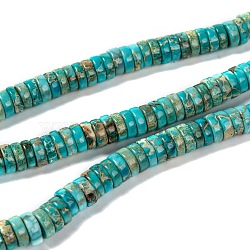 Natural Imperial Jasper Beads Strands, Dyed, Heishi Beads, Flat Round/Disc, Pale Turquoise, 8x3mm, Hole: 1mm, about 133pcs/strand, 15.7 inches(40cm)(G-J377-8mm-01)