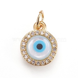 Brass Micro Pave Cubic Zirconia Charms, with Lampwork, Flat Round with Evil Eye, Golden, 11.5x9x3mm, Hole: 3mm(ZIRC-F099-12G)