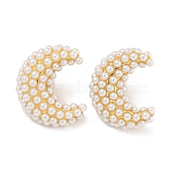 Rack Plating Brass & ABS Plastic Imitation Pearl Stud Earrings, Long-Lasting Plated, Real 18K Gold Plated, Moon, 25.5x21.5mm(EJEW-N055-03B-G-RS)