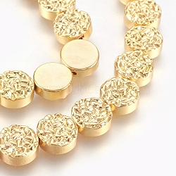 Electroplated Non-magnetic Synthetic Hematite Beads Strands, Textured Flat Round, Golden Plated, 10x4mm, Hole: 1mm, about 40pcs/strand, 15.94 inch(40.5cm)(G-E498-22B)