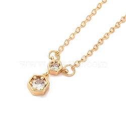 Brass Pave Clear Cubic Zirconia Cable Chain Hexagon Pendant Necklaces for Women, Light Gold, 17.13 inch(435mm), Pendant: 16x7mm(NJEW-U006-02C-KCG)