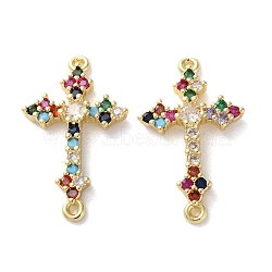 Rack Plating Brass Cubic Zirconia Religion Cross Connector Charm, Long-Lasting Plated, Lead Free & Cadmium Free, Real 18K Gold Plated, Colorful, 29x17.5x4.5mm, Hole: 1.4mm(KK-C084-11C-G)