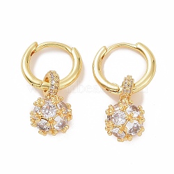 Cubic Zirconia Round Ball Dangle Hoop Earrings, Golden Brass Jewelry for Women, Clear, 25.5mm, Pin: 0.8mm(EJEW-P225-02G-01)