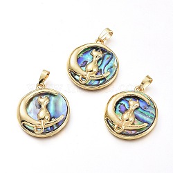 Natural Abalone Shell/Paua Shell Pendants, with Brass Findings, Flat Round with Moon & Cat Shape, Golden, 31.5x27.5x8.5mm, Hole: 4.5x7mm(BSHE-I014-02G)