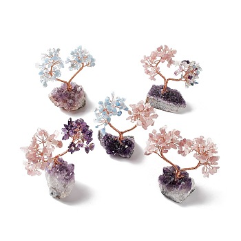 Natural Gemstone Tree Display Decoration, Druzy Amethyst Base Feng Shui Ornament for Wealth, Luck, Love, Rose Gold Brass Wires Wrapped, 40~54x82~93x106~120mm