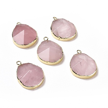 Natural Rose Quartz Pendants, with Brass Findings, Faceted, Drop, Golden, 31~35x20~25x7~9mm, Hole: 2.5mm
