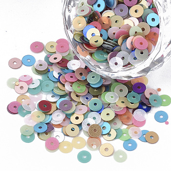 Ornament Accessories, PVC Plastic Paillette/Sequins Beads, Frosted, Flat Round, Mixed Color, 4x0.4mm, Hole: 1mm, about 2400pcs/bag