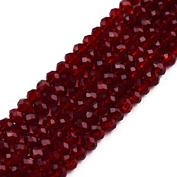 Transparent Glass Beads Strands, Faceted, Rondelle, Dark Red, 2.5~3.1x1.5~2.2mm, Hole: 0.5mm, about 165~170pcs/strand, 16~17.5 inch