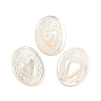 Natural Sea Shell Cabochons, Oval with Engraved Heart, White, 20x15x2.3~2.5mm