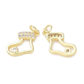 Brass & Cubic Zirconia Charms, Cadmium Free & Lead Free, Rack Plating, Christmas Theme, Christmas Socking, Real 18K Gold Plated, 10.5x15x2.5mm, Hole: 3mm