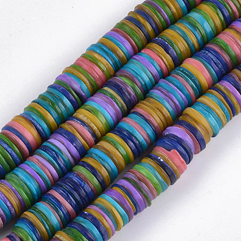 Dyed Freshwater Shell Beads, Disc/Flat Round, Heishi Beads, Mixed Color, 13x1~2.5mm, Hole: 1mm, about 194~198pcs/strand, 14.9 inch~15.5 inch