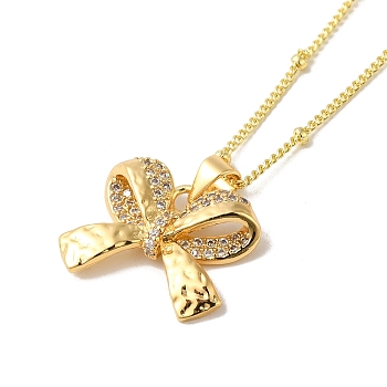 Brass Micro Pave Cubic Clear Zirconia Pendants Necklaces, Curb Chain Necklaces, Real 18K Gold Plated, Bowknot, 17.40 inch(44.2cm)