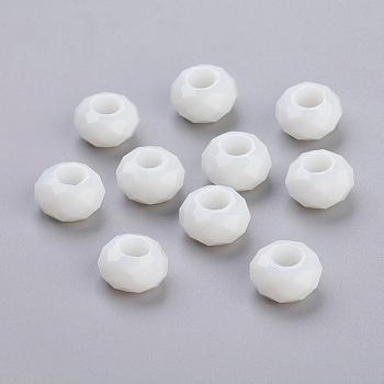 Glass European Beads, Large Hole Beads, No Metal Core, Faceted Rondelle, White, about 14mm in diameter, 8mm thick, hole: 5mm