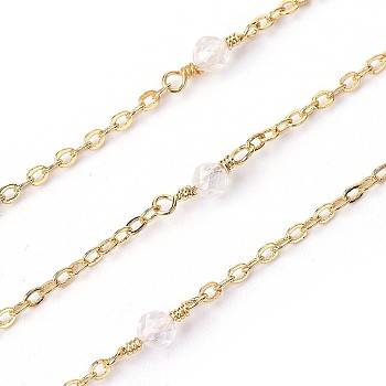 3.28 Feet Handmade Natural Rose Quartz Beaded Chains, Soldered, with Brass Findings, Real 18K Gold Plated, Long-Lasting Plated, 3mm