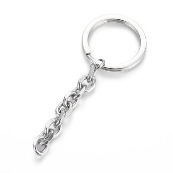 Polishing 304 Stainless Steel Split Key Rings, Keychain Clasp Findings, with Extended Cable Chains, Stainless Steel Color, 84mm, Key Rings: 30x2.8mm