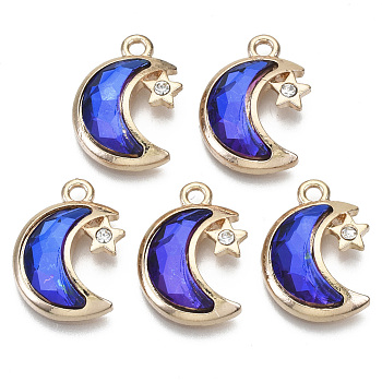 Glass Rhinestone Pendants, with Light Gold Plated Brass Plain Edge Bezel Cups, Faceted, Moon, Sapphire, 19x14x4mm, Hole: 1.8mm