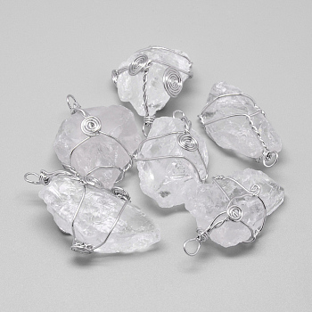 Rough Raw Natural Quartz Crystal Pendants, with Brass Findings, Nuggets, Platinum, 30~77x18~28x10~25mm, Hole: 3mm