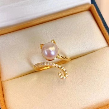 Cat Shape Natural Freshwater Pearl & Crystal Rhinestone Cuff Rings for Women, Golden, Inner Diameter: 17mm