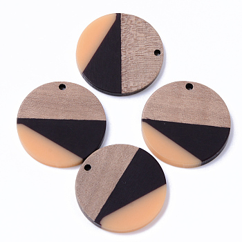 Resin & Walnut Wood Pendants, Flat Round, Sandy Brown, 28x3mm, Hole: 2mm