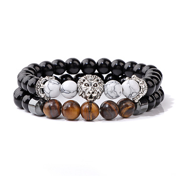 Natural Howlite & Tiger Eye & Obsidian & Synthetic Hematite Stretch Bead Stretch Bracelets, with Lion Head for Men, 