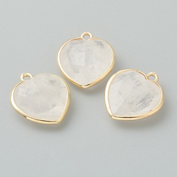 Natural Quartz Crystal Pendants, Rock Crystal Pendants, with Golden Brass Edge, Faceted, Heart, 19x16.5x6~6.5mm, Hole: 1.6mm