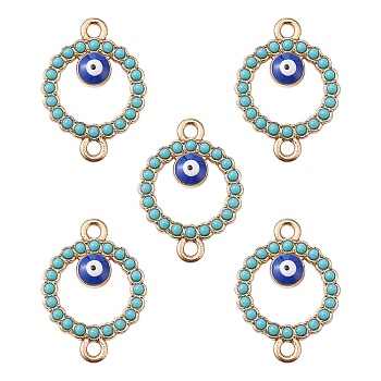 Alloy Enamel Connector Charms with Synthetic Turquoise, Ring Links with Blue Evil Eye, Nickel, Golden, 24x17x3mm, Hole: 1.8mm
