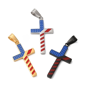 Independence Day Vacuum Plating 304 Stainless Steel Enamel Pendants, Cross Charm, Mixed Color, 37.5x20.5x2.5mm, Hole: 9x5.5mm