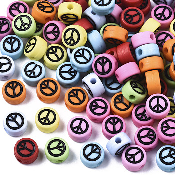 Opaque Acrylic Beads, with Enamel, Flat Round with Peace Sign, Mixed Color, 7x4mm, Hole: 1.6mm