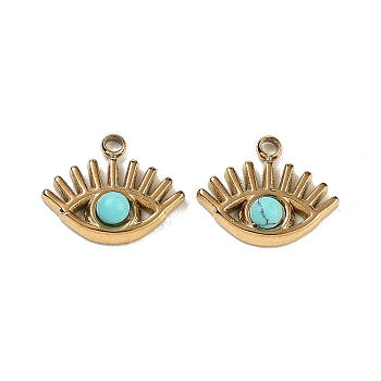 Ion Plating(IP) 304 Stainless Steel Pave Synthetic Turquoise Eye Charms, Real 18K Gold Plated, 11x13x3mm, Hole: 1.2mm