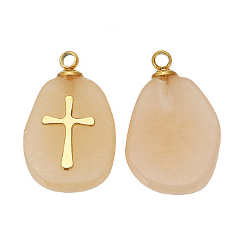 Natural Red Aventurine Pendants, Oval Charms with Golden Tone Stainless Steel Cross Slice, 17x11mm, Hole: 1.5mm