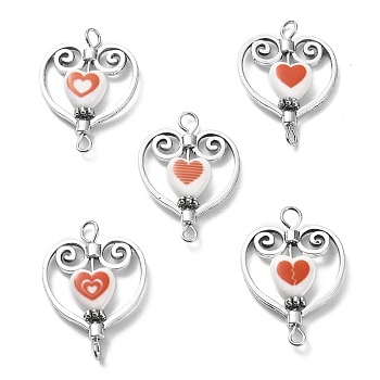 Opaque Acrylic Enamel Connector Charms, Heart Alloy Links, Antique Silver, 27~28x19~20x4mm, Hole: 1.8~2.5mm