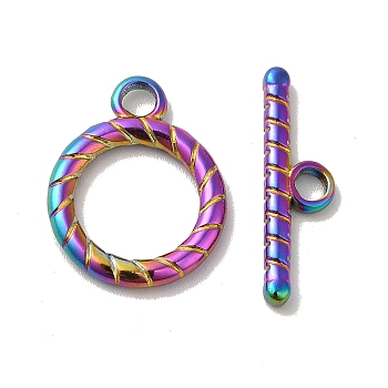 Ion Plating(IP) 304 Stainless Steel Toggle Clasps, Ring, Rainbow Color, 19x15x2mm, Hole: 3mm, Bar: 21x6x2mm, Hole: 3mm