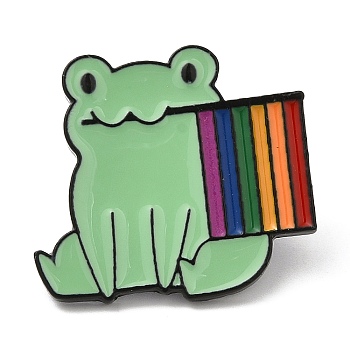 Alloy Enamel Pins, Rainbow Pride Flag Frog Brooches, Electrophoresis Black, 23.5x26x2mm