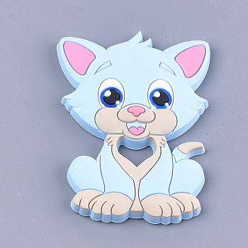 Food Grade Eco-Friendly Silicone Kitten Cabochons, Chewing Beads For Teethers, DIY Nursing Necklaces Making, Cartoon Cat, Light Blue, 90~91x64x9.5mm