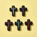 5Pcs 5 Colors Silicone Beads, Cross with Word Jesus, Black, 30x22x8mm, Hole: 2.5mm, 1pc/color(SIL-FS0001-06B)